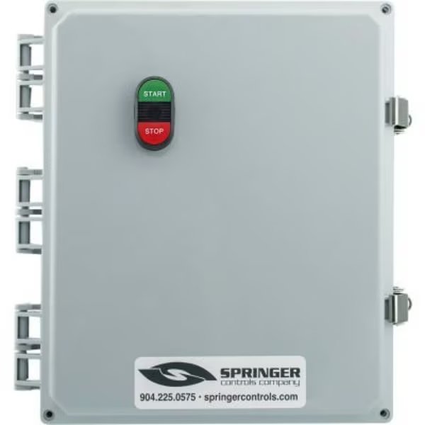 NEMA 4X Enclosed Motor Starter, 65A, 1PH, Remote Start Terminals, Start/Stop, 100-250V, 44-53A, Springer Controls Co, Mfr#: AF6516P3K-3R